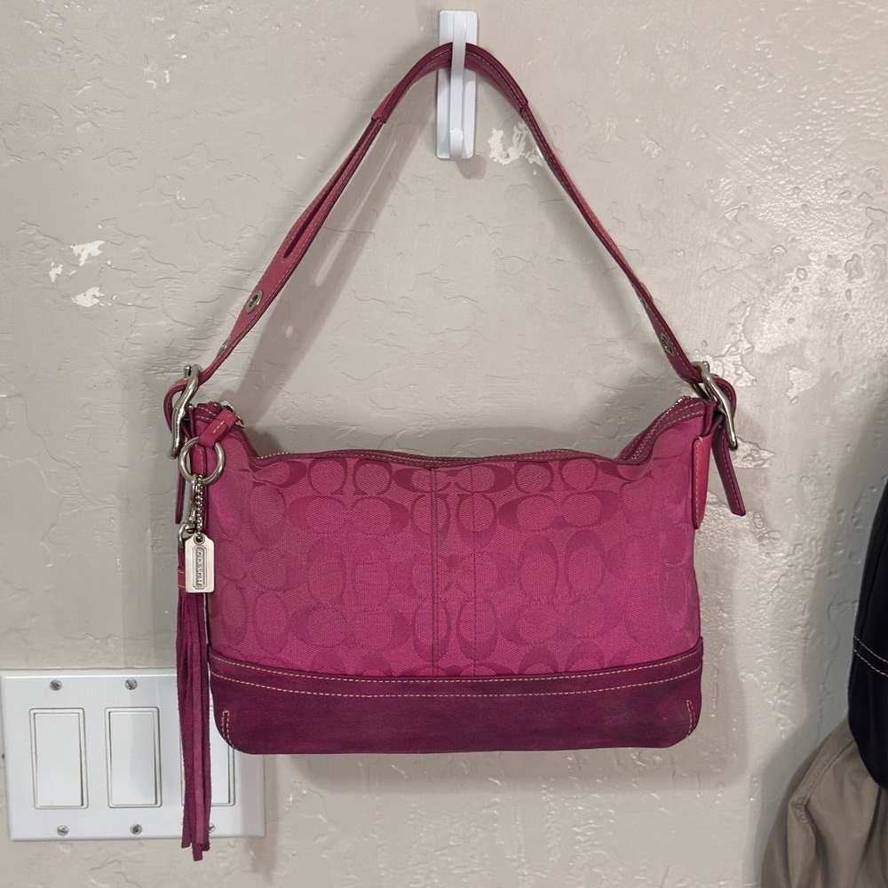 Coach Signature Magenta Pink Jacquard Suede Shoulder Bag 9363 & Wallet Set